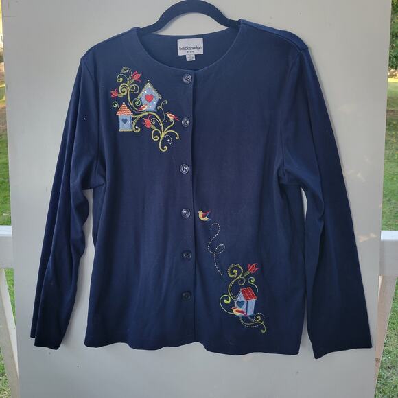 Breckenridge Petite Large Cardigan Navy Blue Embroidered Birdhouse Birds Floral - Picture 1 of 12